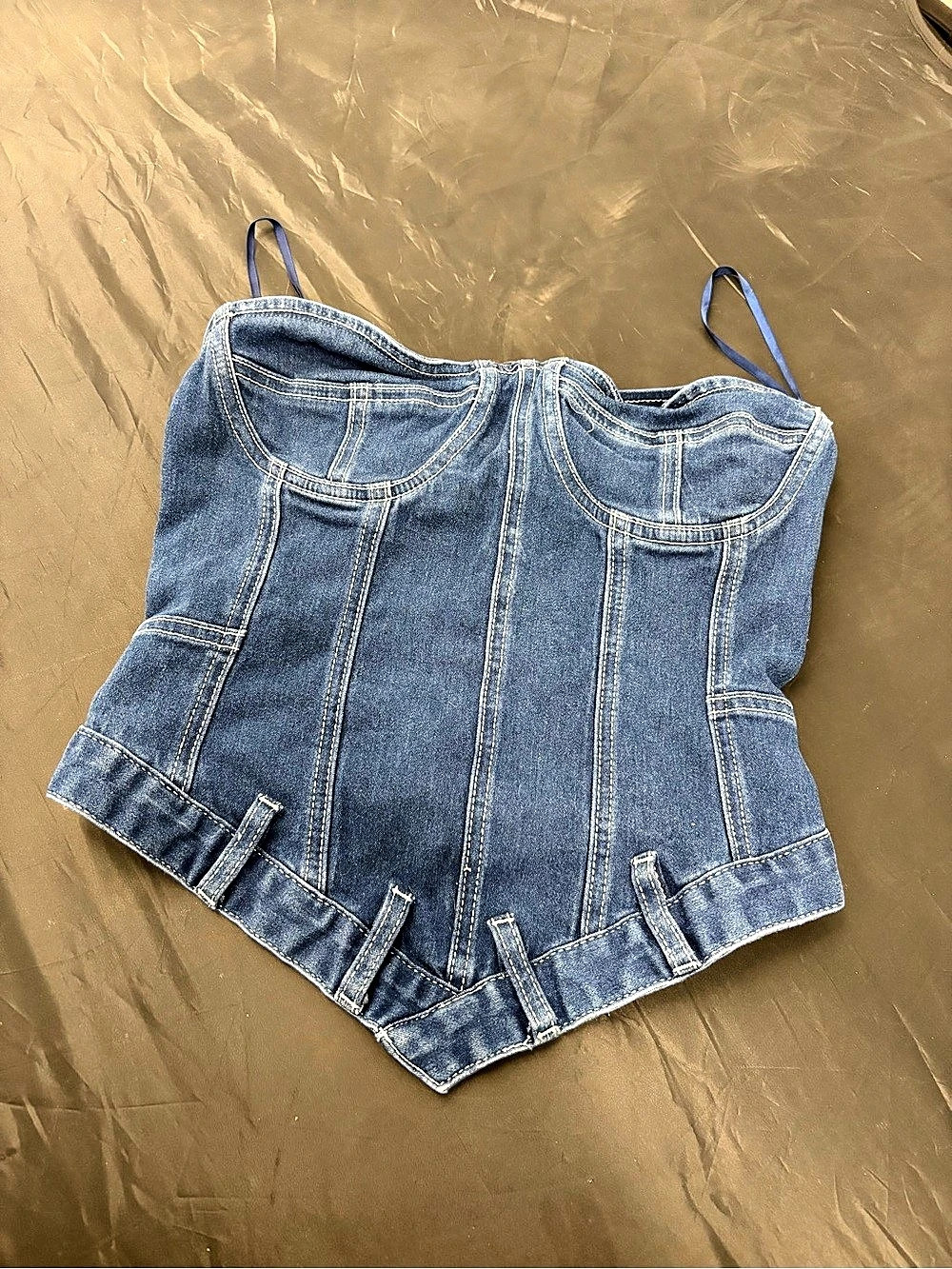 Fashion Nova Blue Denim-Look Strapless Corset Crop